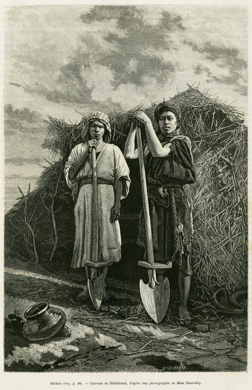 I bildar, proprietari di una beche, sono incaricati di scavare i canali di scolo dei campi di grano della regione di Karoun. Incisione per illustrare la storia La Perse, la Chaldée et la Susiane di Jane Delafoy (1851-1916), ufficiale dell