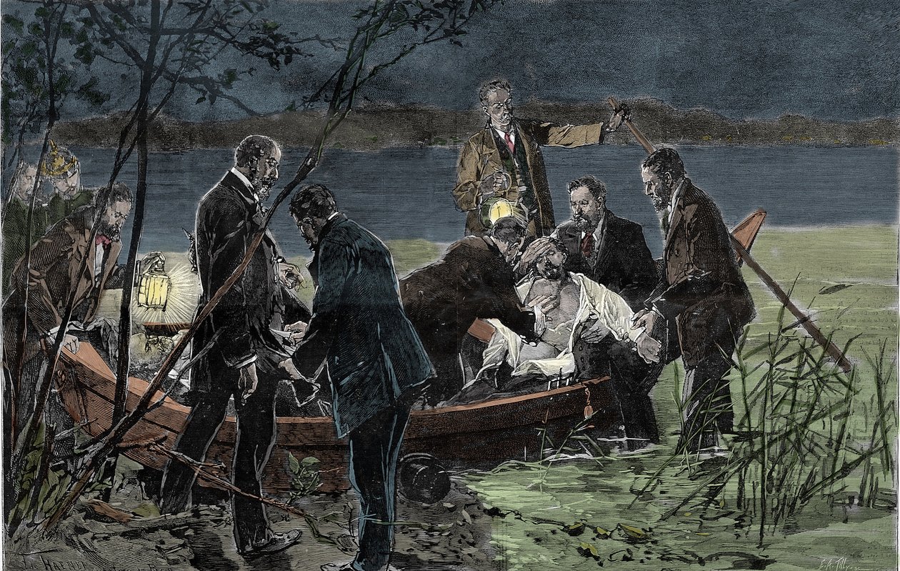 Il corpo di Luigi II di Baviera Wittelsbach trovato annegato con il Dr. Gudden nel Lago di Starnberg vicino al Castello di Berg nel giugno 1886. Incisione da Unknown artist