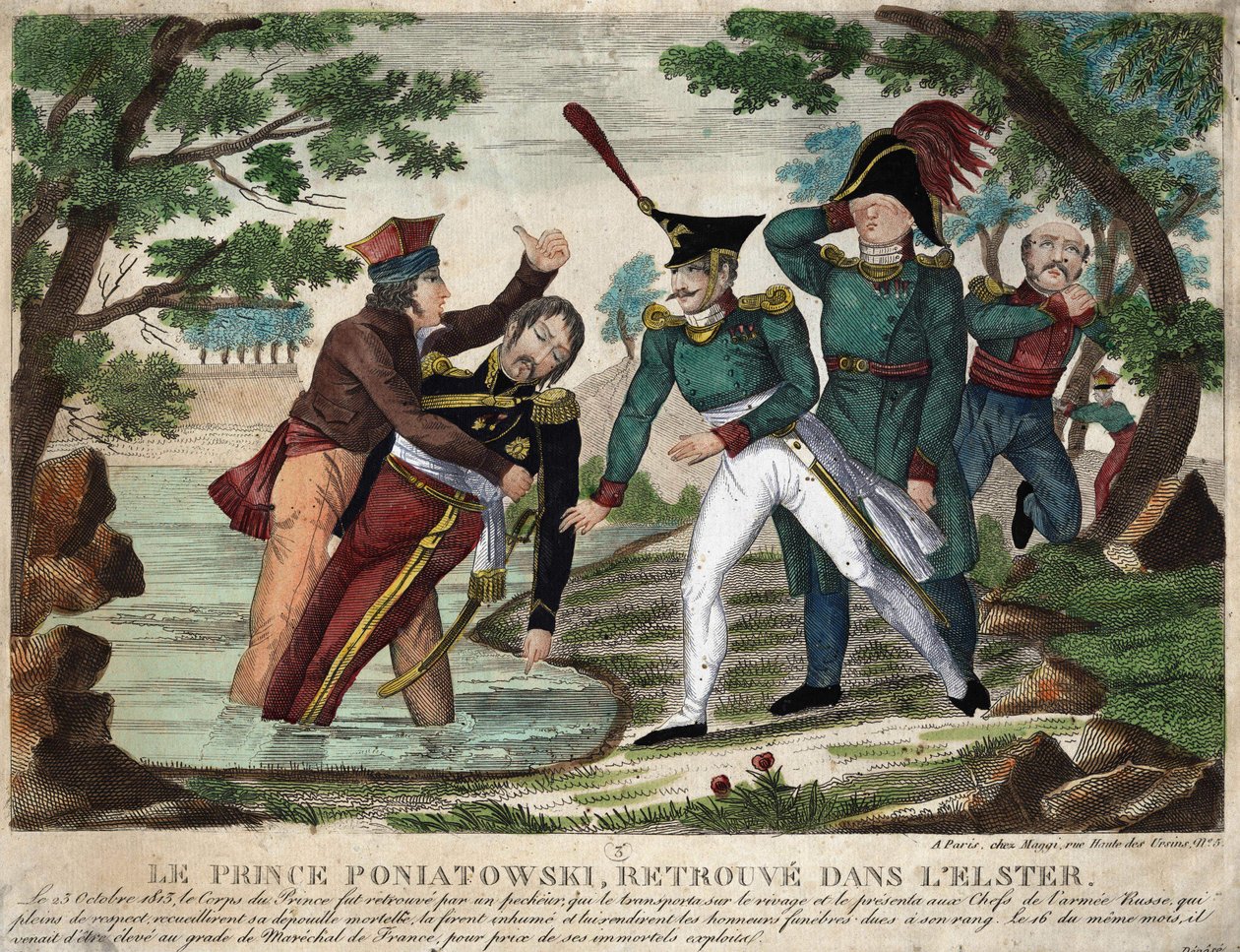 Il corpo del Principe Joseph (Jozef) Antoni Poniatowski (1763) trovato nel fiume Elster il 23 ottobre 1813, incisione dell