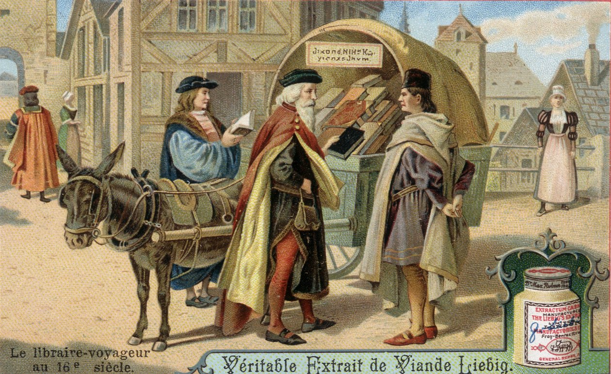 Il libraio e la sua libreria itinerante nel XVI secolo. Cromolitografia, immagine Liebig. da Unknown artist