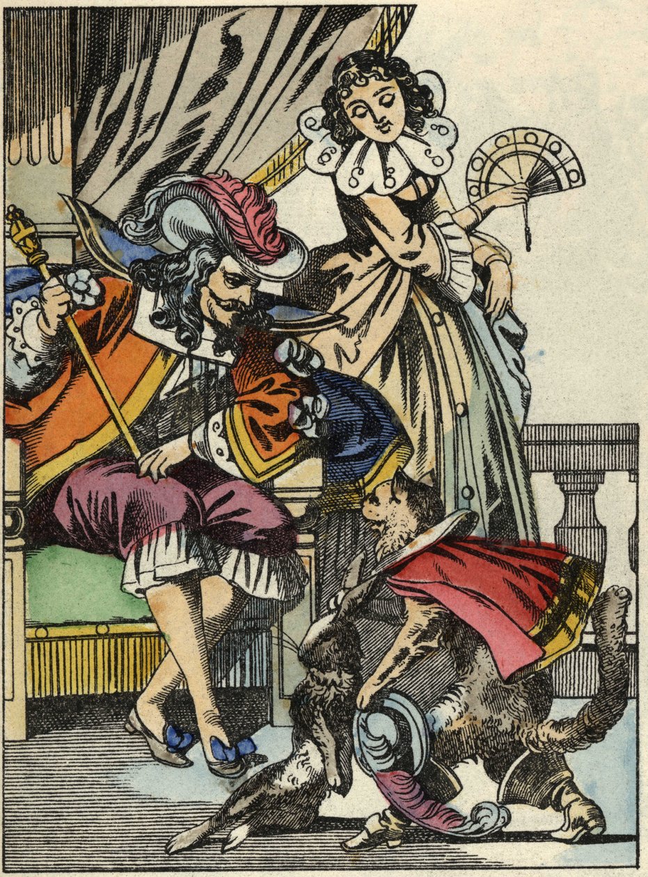 Il gatto con gli stivali offre il coniglio al re dal suo padrone, il Marchese di Carabas. Illustrazione della fiaba "Il gatto con gli stivali" di Charles Perrault da Unknown artist