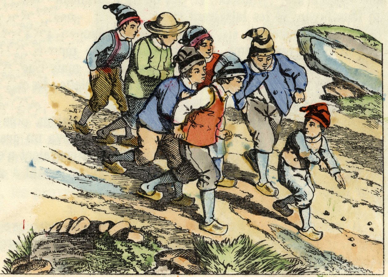 I fratelli seguono il Piccolo Pollicino che ha seminato sassolini bianchi lungo il cammino. Illustrazione della fiaba "Il Piccolo Pollicino" di Charles Perrault da Unknown artist