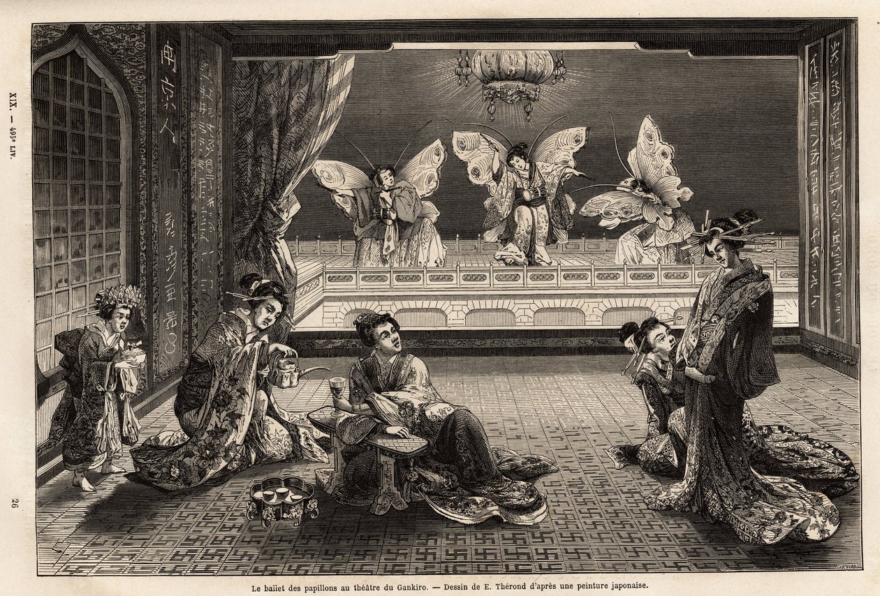 Il balletto delle farfalle al Teatro Gankiro, nel Distretto del Piacere di Miyozaki a Yokohama. Incisione per illustrare il viaggio in Giappone, di Aimé Humbert, ministro della Confederazione Svizzera, nel 1863-1864, pubblicato in "Le tour du monde", sotto da Unknown artist