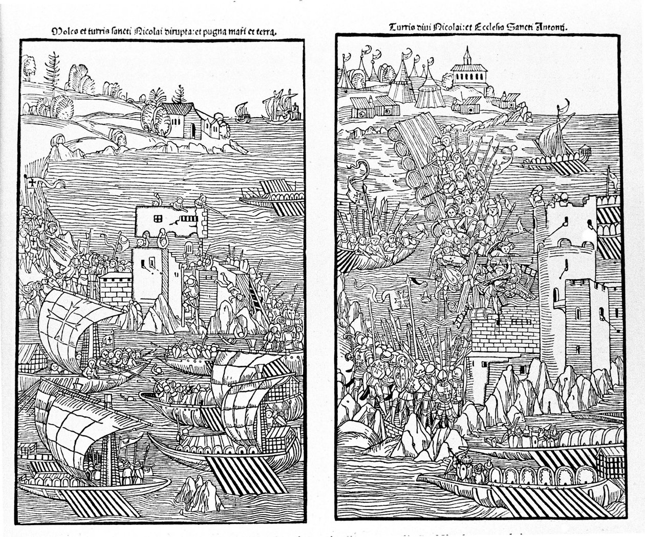 La cattura di Rodi da parte dei Turchi nel 1522. I Turchi attaccano la fortezza di San Nicola. Xilografia. da Unknown artist