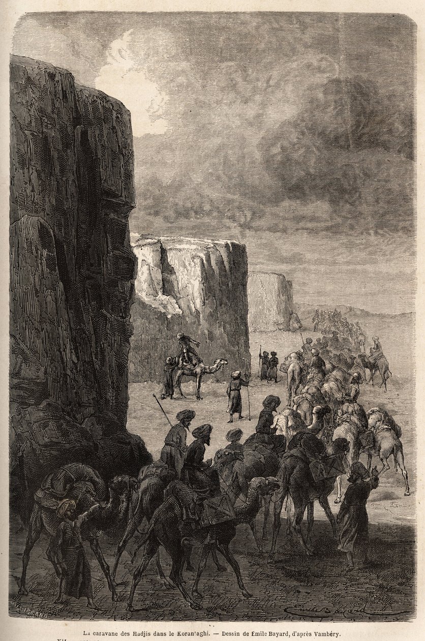 La carovana degli Hajis (pellegrini musulmani) a Korantaghi (Persia, Iran). Disegno di Emile Bayard per illustrare il viaggio in Asia Centrale, nel 1863, di Arminius Vambery (scienziato ungherese travestito da derviscio). Incisione in "Le tour du monde" da Unknown artist