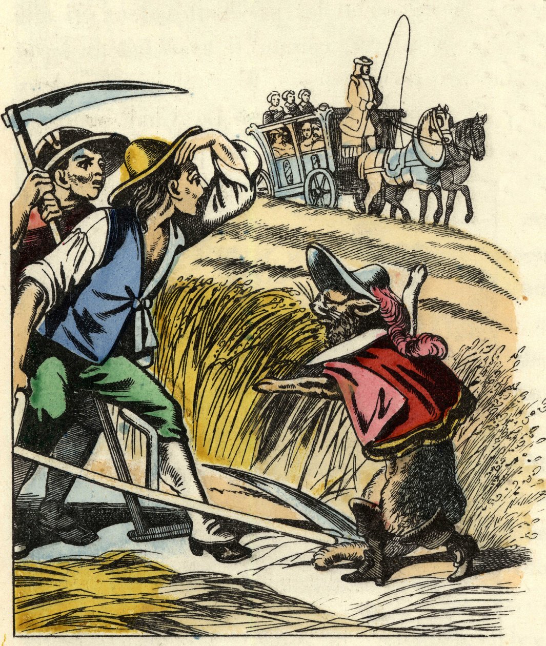 Il gatto costringe i contadini a dire che il campo in cui mietono il grano appartiene al Marchese di Carabas. Illustrazione della fiaba "Il gatto con gli stivali" di Charles Perrault da Unknown artist