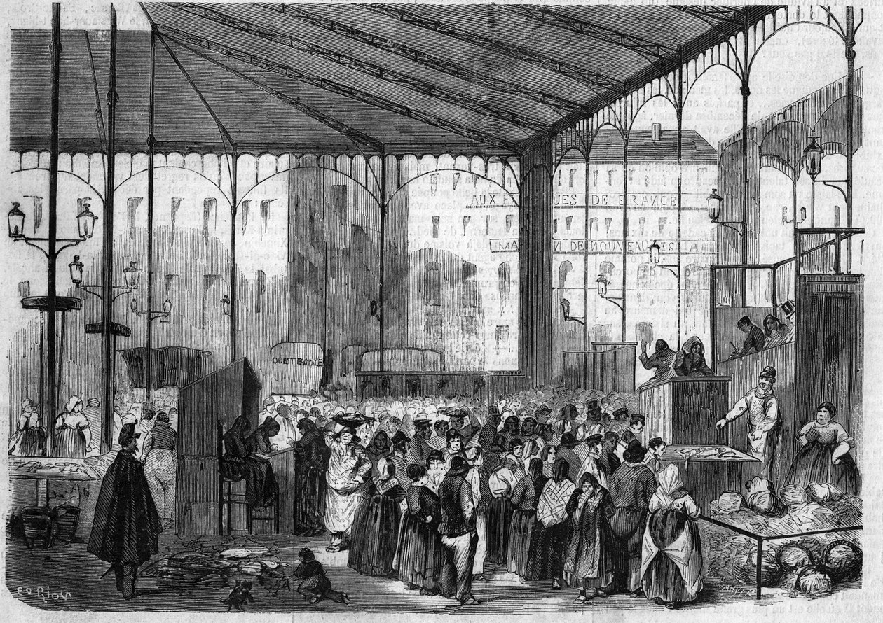 Il mercato centrale di Parigi: il mercato del pesce nel 1858. da Unknown artist