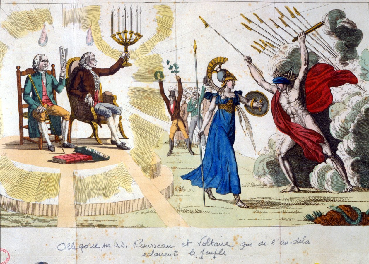 Il secolo dei Lumi: i filosofi Jean Jacques Rousseau e Voltaire, dal passato, illuminano il popolo - allegoria da Unknown artist
