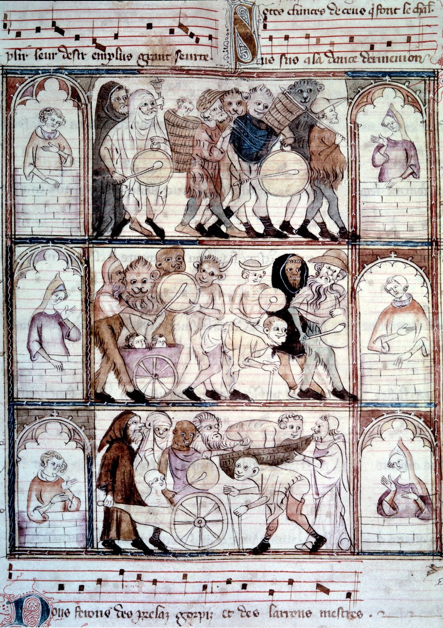 La festa del charivari per il matrimonio di Fauvel. Processione di musicisti e travestiti. Miniatura dal manoscritto 