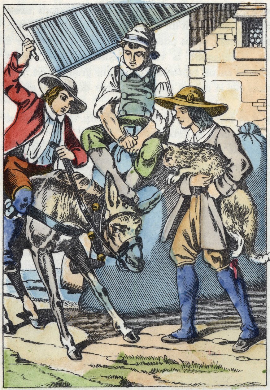 I figli del mugnaio, appena morto, dividono i suoi beni: asino, mulino e gatto. Illustrazione della fiaba "Il gatto con gli stivali" di Charles Perrault da Unknown artist