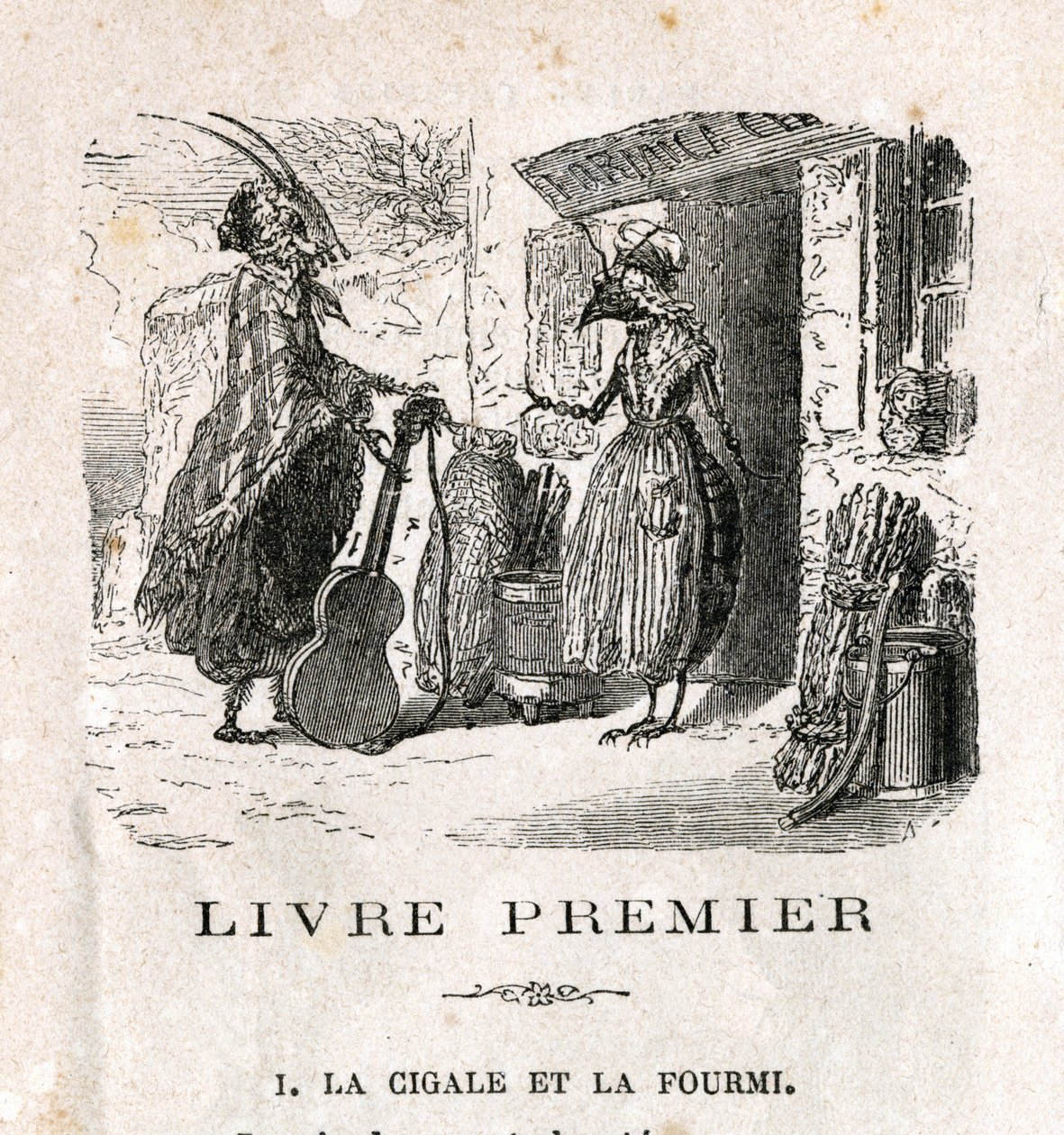 La cicala e la formica. Favola di La Fontaine. Incisione del XIX secolo da Unknown artist