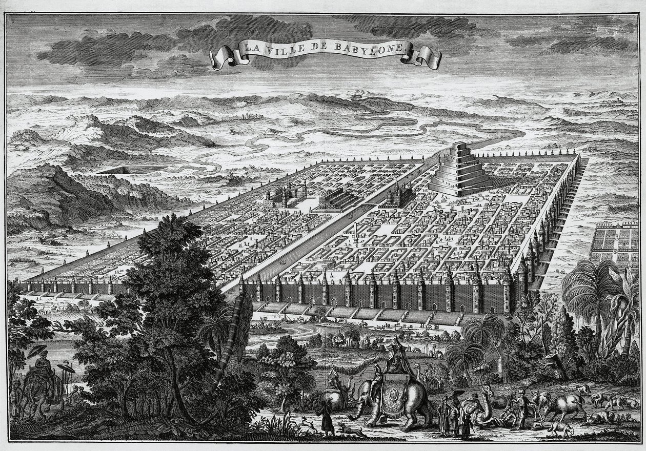 Le mura della città di Babilonia che circondano i giardini pensili e la torre di Babele da Unknown artist