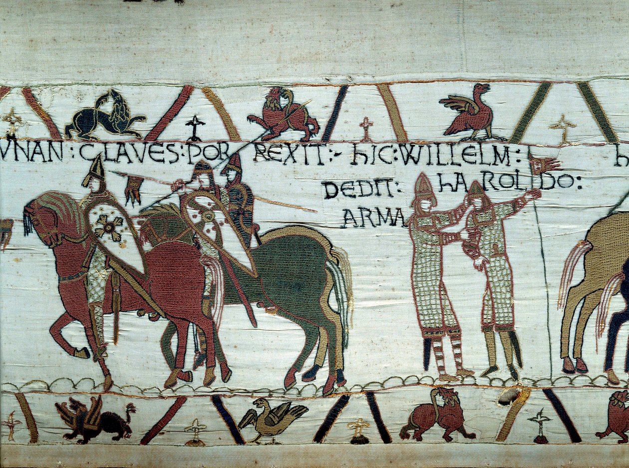 La conquista della Bretagna da parte del Duca di Normandia Guglielmo il Conquistatore: a sinistra il duca riceve le chiavi della città di Dinan, a destra fa cavaliere Harold, inviato dal re inglese Edoardo il Confessore (dettaglio) da Unknown artist