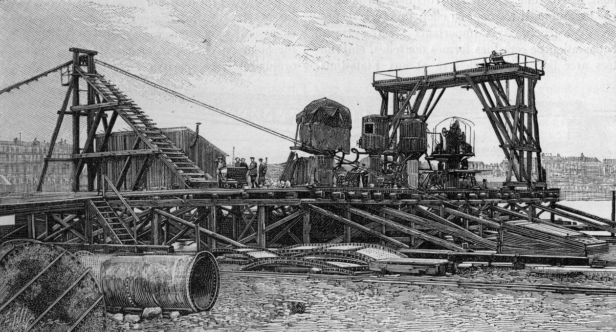 Costruzione del ponte Mirabeau a Parigi (1893): il ponte di servizio (da una fotografia). Incisione in 