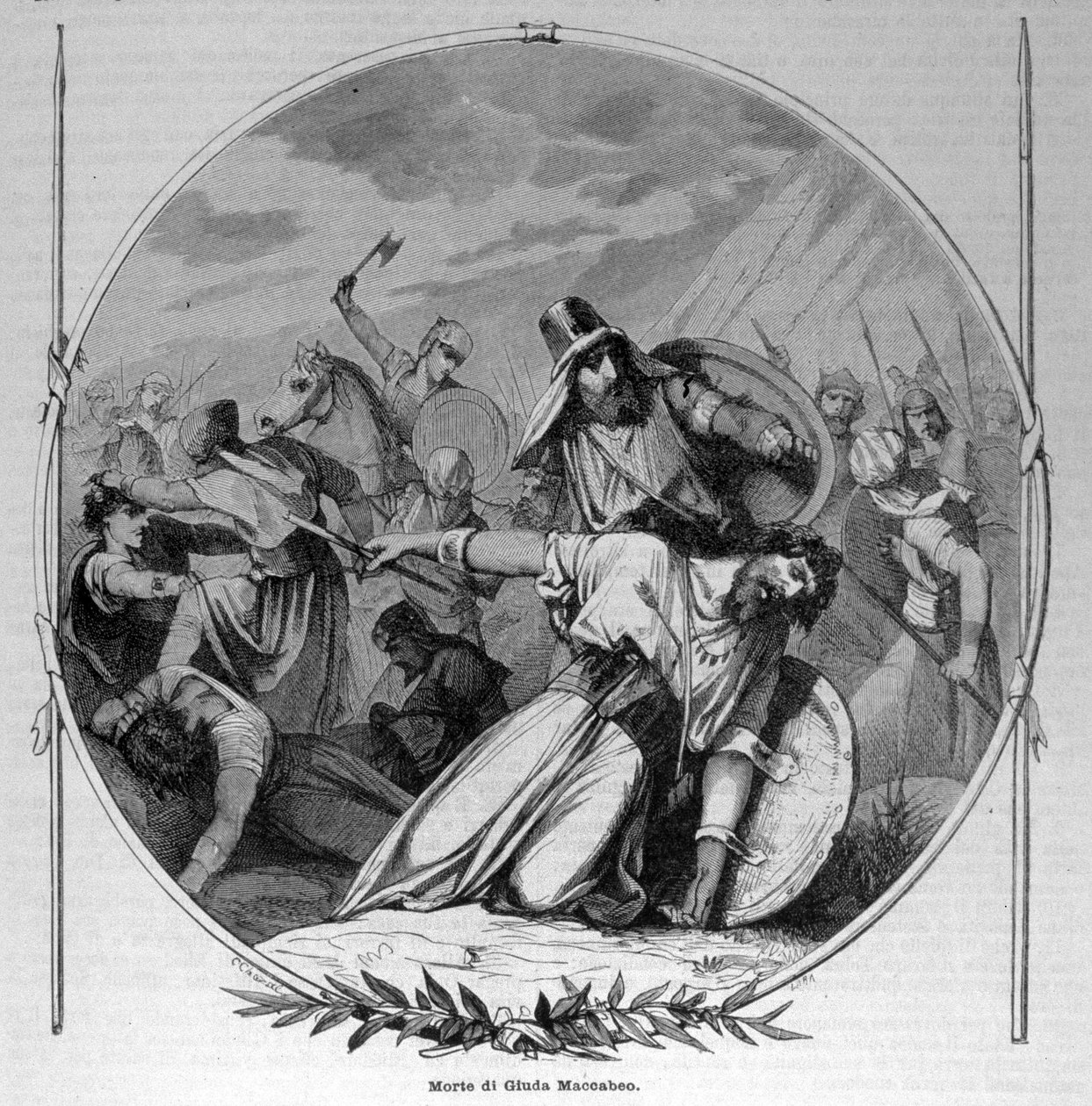 La morte di Giuda Maccabeo durante la rivolta dei Maccabei contro i Seleucidi nel 160 a.C. Incisione del XIX secolo. da Unknown artist