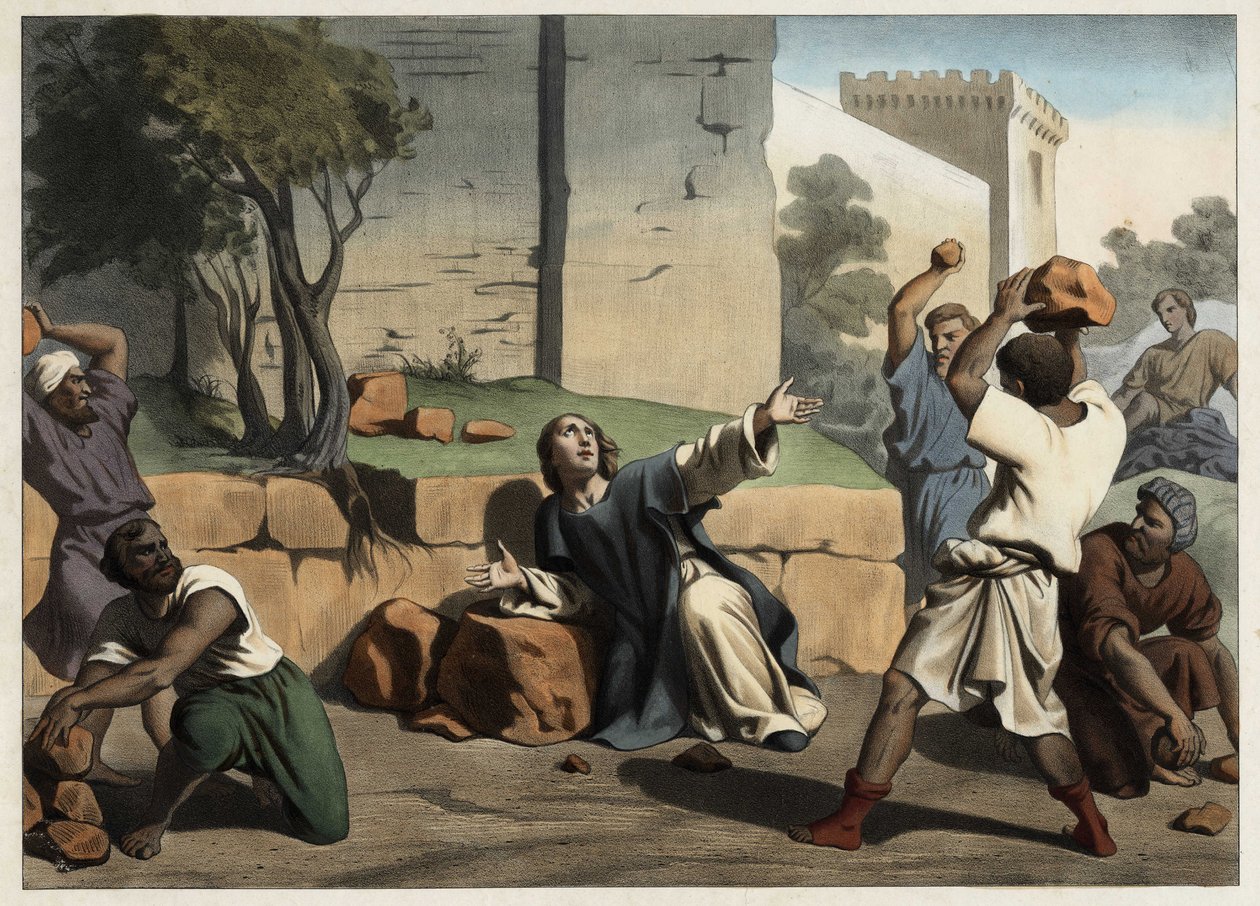 La morte di Santo Stefano: Santo Stefano lapidato dagli ebrei è considerato il primo martire cristiano. Incisione anonima della metà del XIX secolo. da Unknown artist