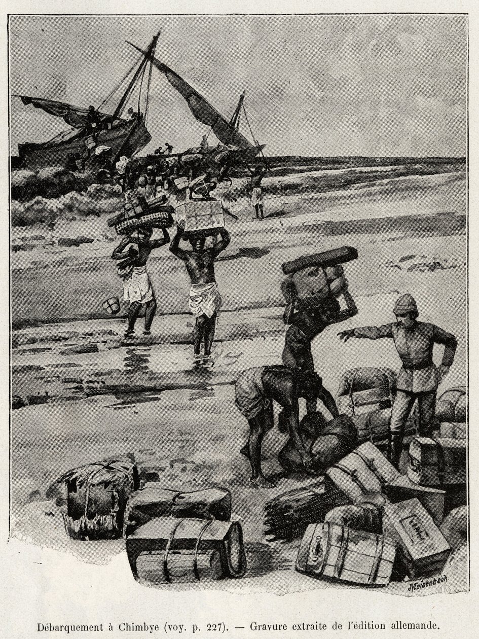 Lo sbarco a Chimbye (Tanzania) della spedizione Peters (incisione) da Unknown artist
