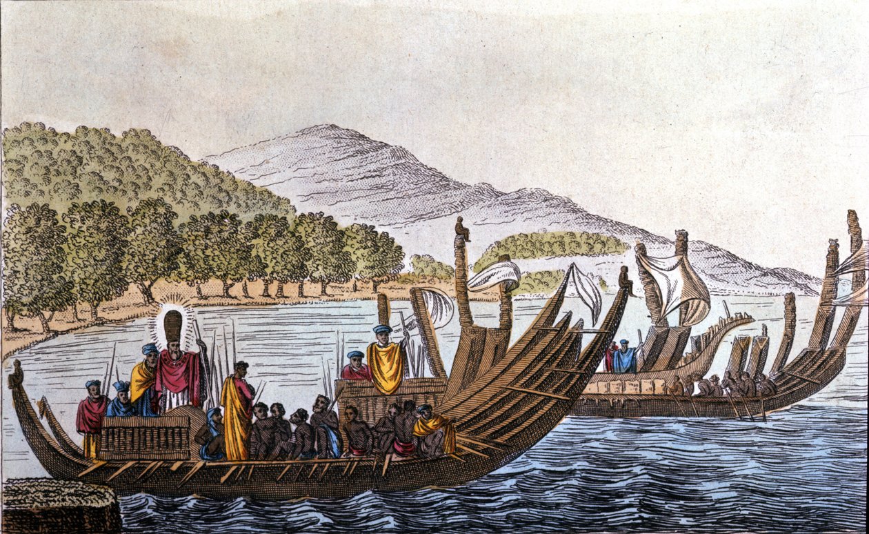 La partenza dei polinesiani per il Pacifico a bordo di canoe a doppio scafo. Litografia dell