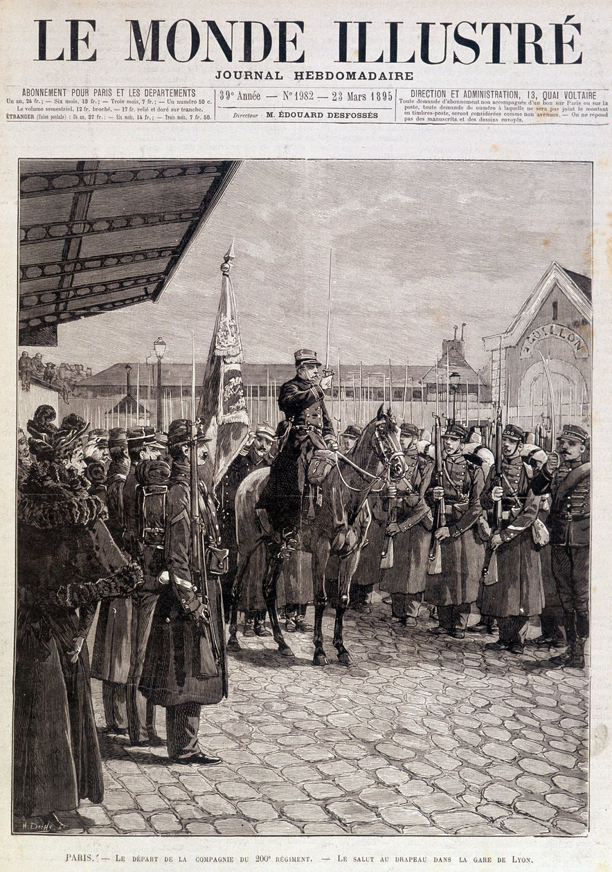 La partenza della Compagnia del 200º Reggimento. Saluto alla bandiera alla Gare de Lyon. "Il Mondo Illustrato". 23/03/1895. Disegno da Unknown artist