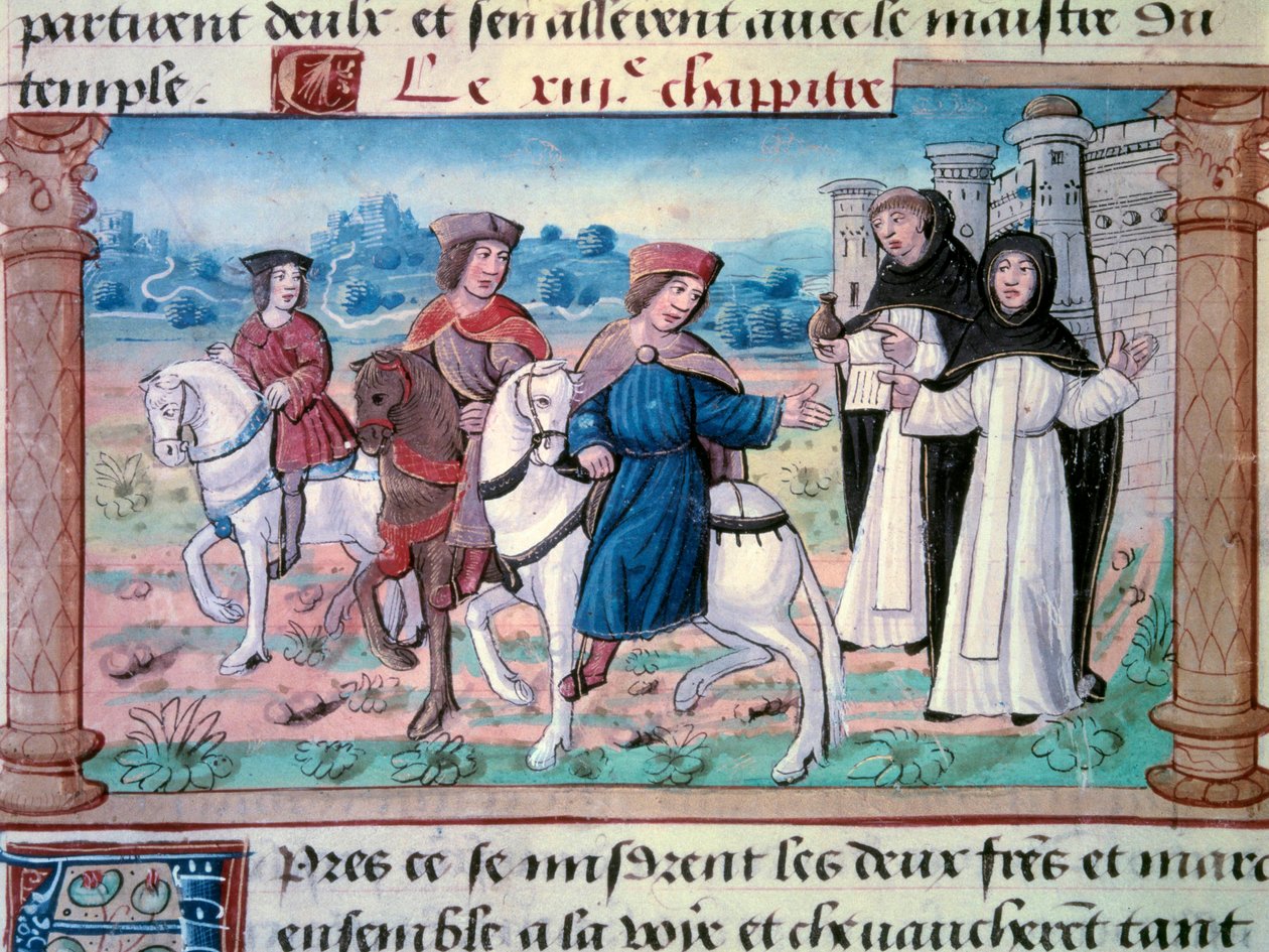 Le partenze dei fratelli Niccolò e Matteo Polo, padre e zio del giovane Marco Polo (1254-1324) con il giovane intorno al 1271. Miniatura tratta da 