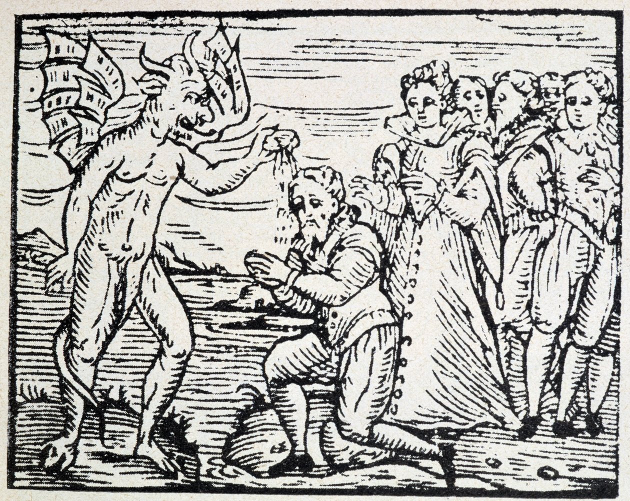 Il diavolo che battezza uomini e donne in preghiera - incisione da Unknown artist