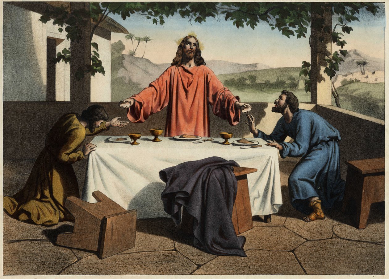 I discepoli di Emmaus incontrano il Cristo risorto la sera di Pasqua, che condivide il pane. Incisione anonima della metà del XIX secolo da Unknown artist