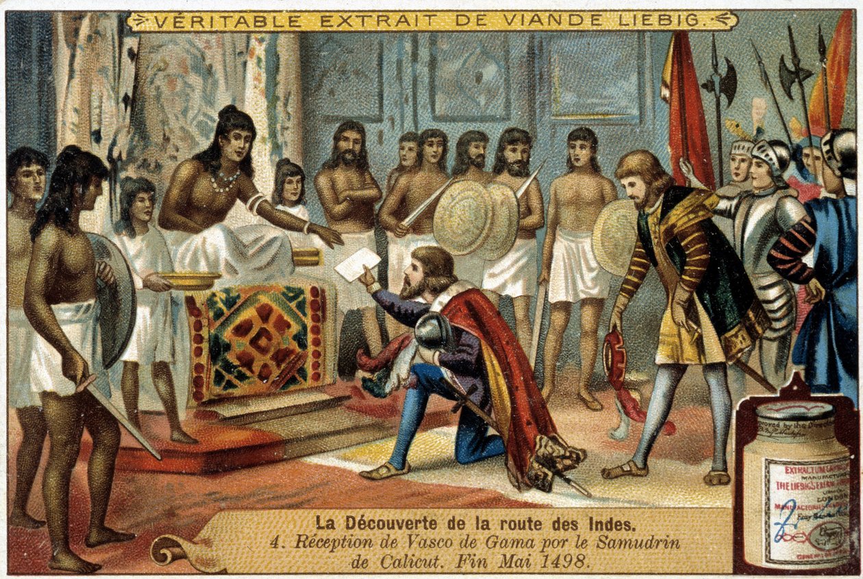 La scoperta della rotta delle Indie: Ricevimento di Vasco de Gama dal Samudrin di Calicut, fine maggio 1498 - vignetta pubblicitaria Liebig da Unknown artist
