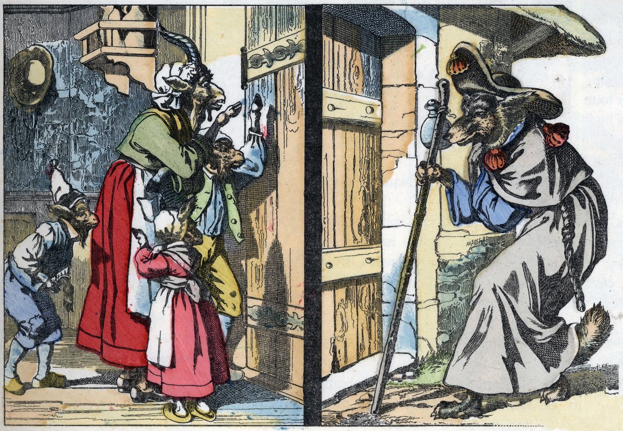 Il lupo travestito bussa alla porta della casa con la capra e i capretti. Illustrazione del racconto "Compere le Loup, Maitre Renard, Comere la Chevre et ses petits biquets" dopo una favola di Jean de la Fontaine. In "Racconti dalla casa per i piccoli". da Unknown artist