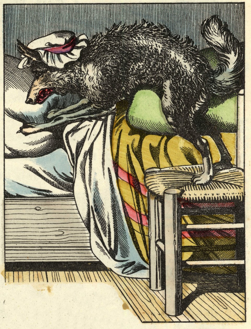 Il lupo travestito prende il posto della nonna nel letto. Illustrazione della fiaba "Cappuccetto Rosso" di Charles Perrault da Unknown artist