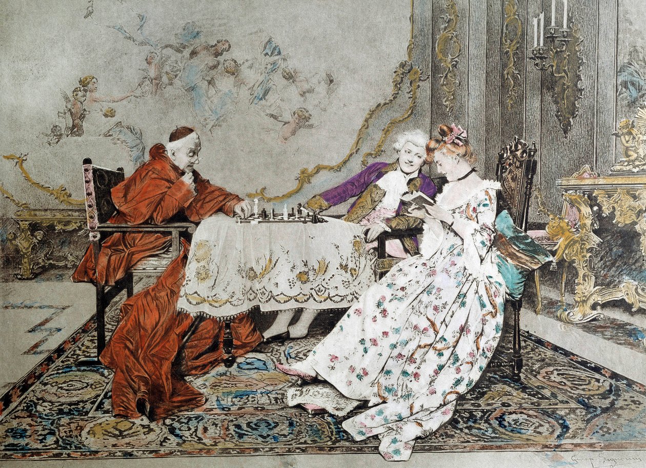 La doppia parte Un cardinale gioca una partita a scacchi contro un giovane impegnato in un gioco di seduzione con una giovane donna vicino a lui. Illustrazione del XIX secolo. Parigi, Arti Decorative da Unknown artist