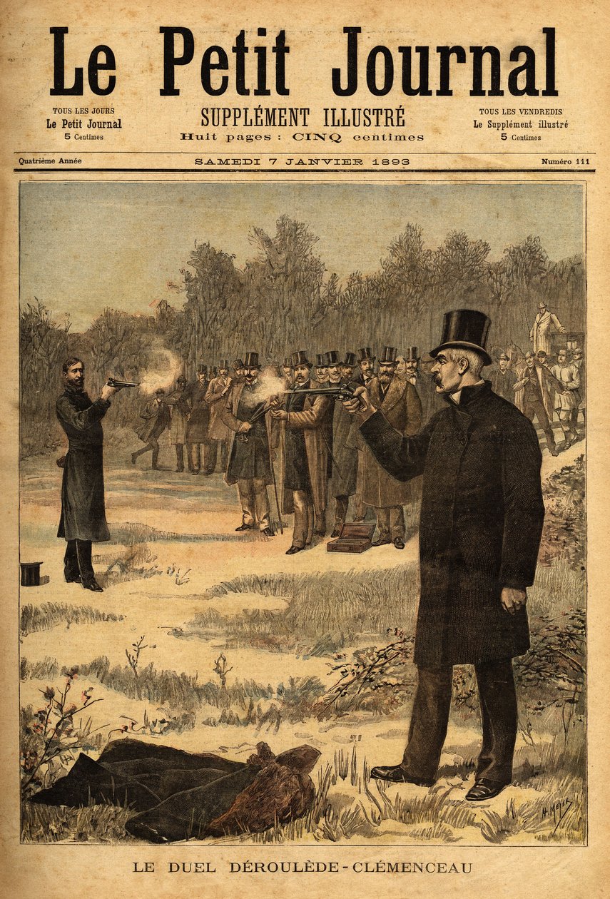 Il duello con la pistola (vietato in Francia dal 1626) tra i deputati Paul Deroulede (1846-1914) e Georges Clemenceau (1841-1929), senza danni. Incisione in 