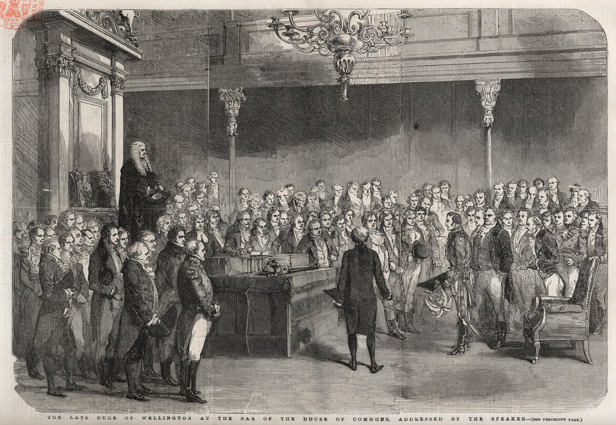 Il duca di Wellington (Arthur Wellesley (1769-1852)) si trova al banco della Camera dei Comuni per ricevere le congratulazioni dello Speaker per la sua vittoria a Vimeiro, Guerra Peninsulare da Unknown artist