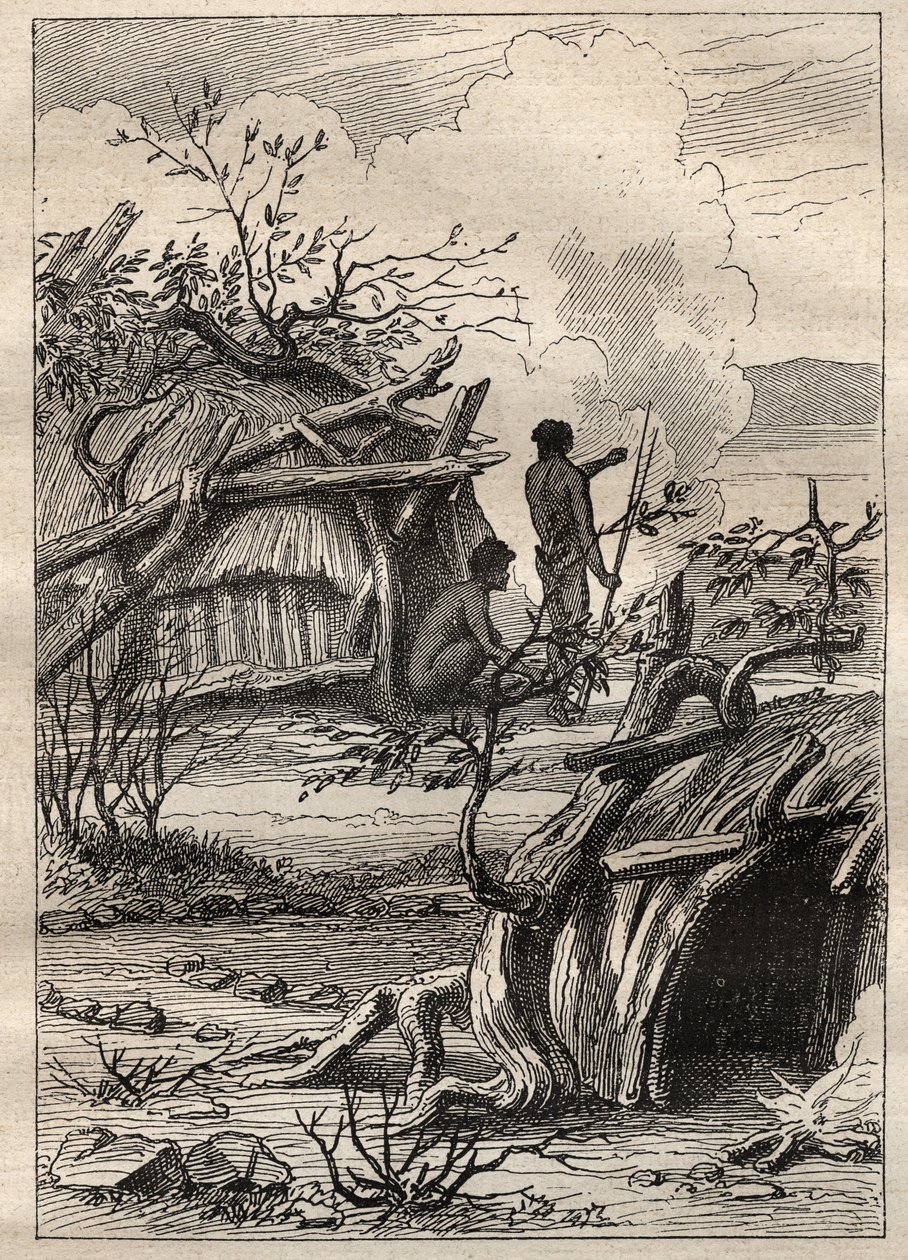 La spedizione intorno al mondo (1790-1792) del Capitano Etienne Marchand (1755-1793): capanne indigene della terra di Enddacht (Australia) - illustrazione tratta da "I grandi marinai del XVIII secolo" da Unknown artist