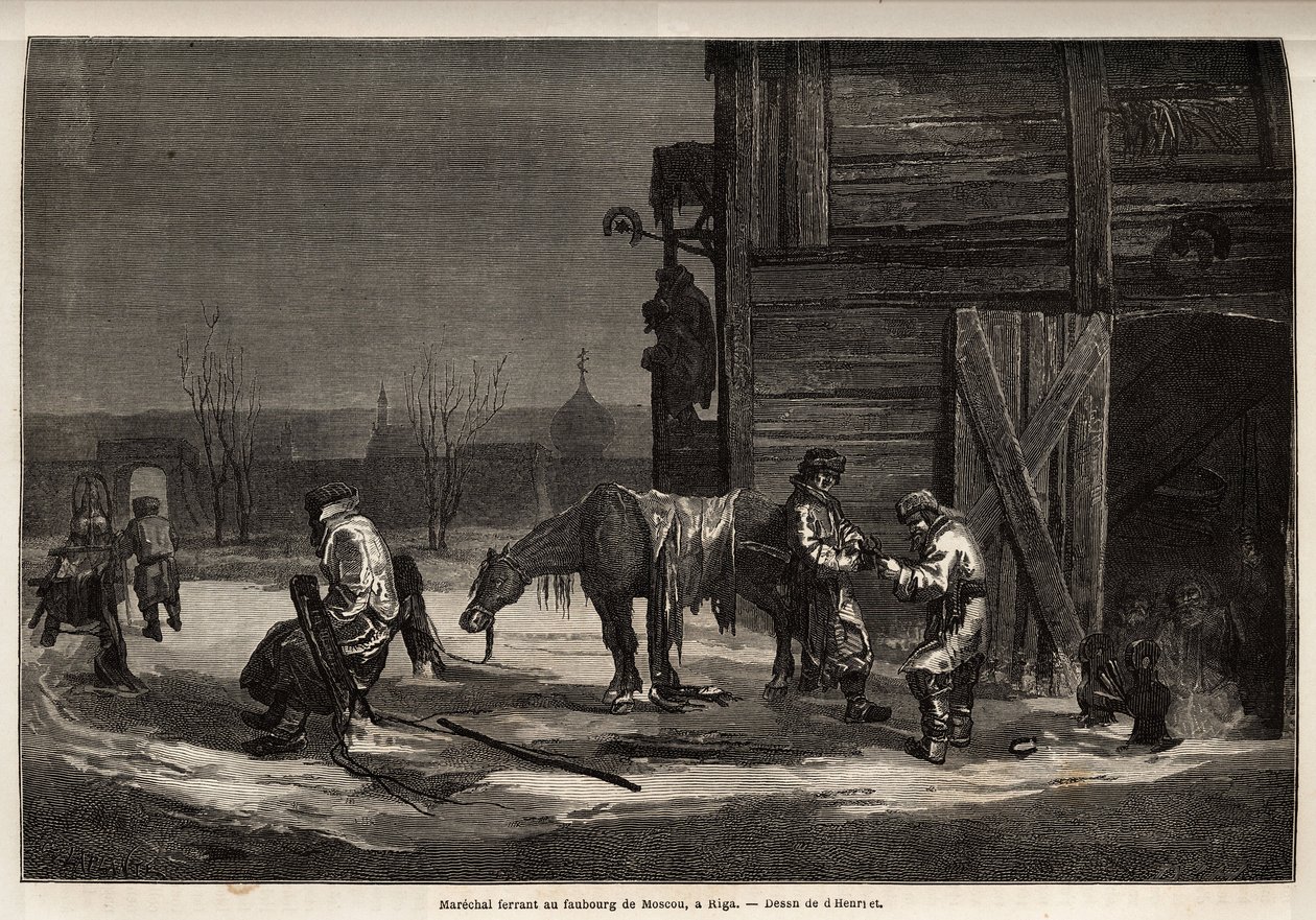 Il ferrant maresciallo, nel sobborgo di Mosca. Disegno di Henriet, per illustrare il suo viaggio nelle province baltiche russe nel 1851-54. Incisione in "Le tour du monde", a cura di Edouard Charton da Unknown artist