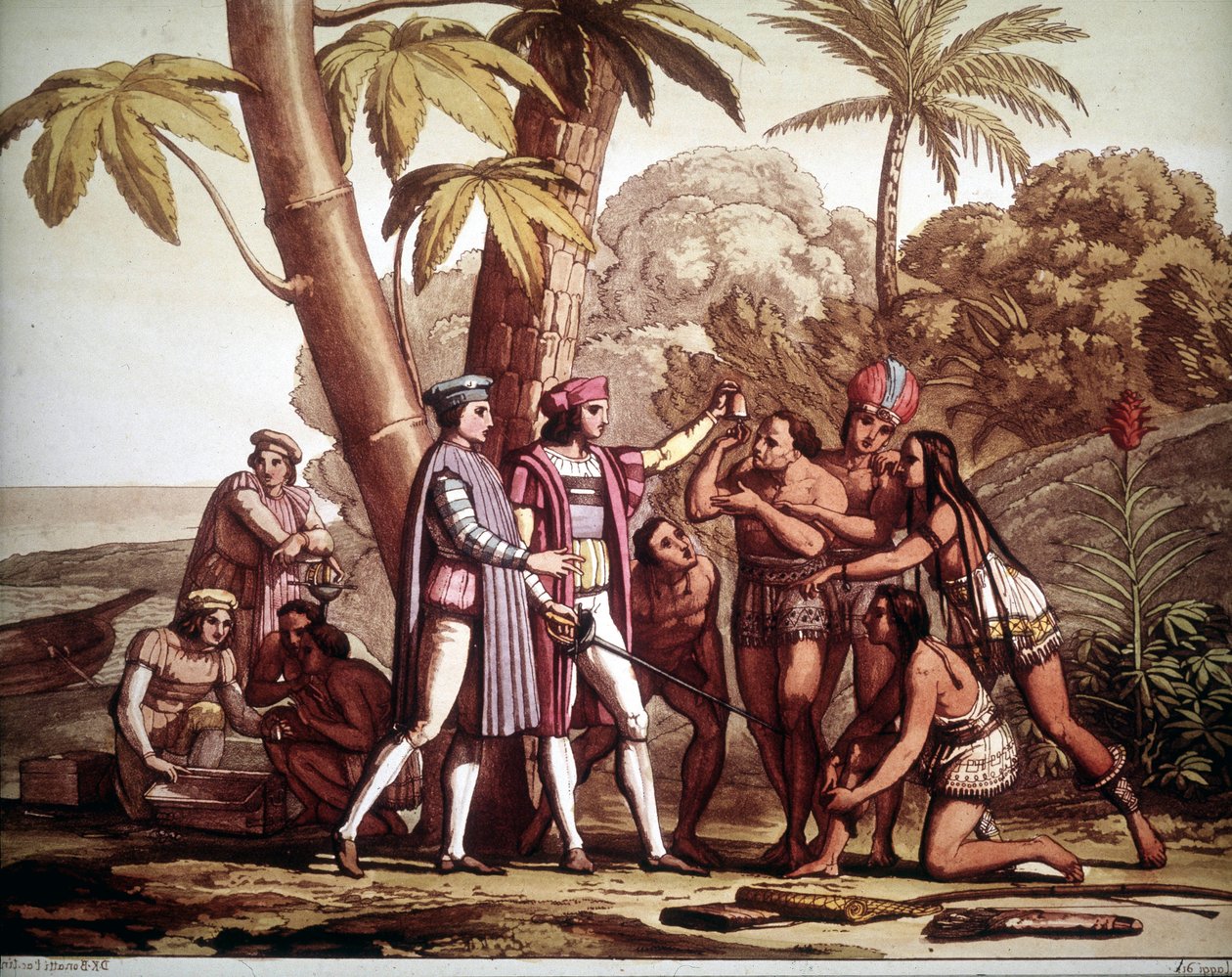 I primi indiani che apparvero a Cristoforo Colombo al suo arrivo in America, - in "Il vecchio e moderno costume" di Jules Ferrario da Unknown artist