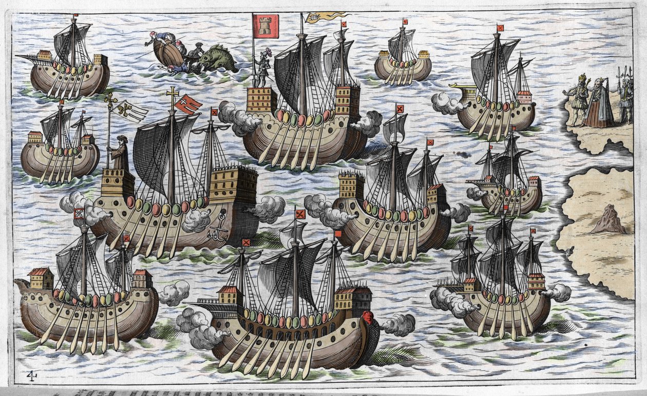 La flotta di Cristoforo Colombo per conquistare il nuovo mondo - in "Nova Tipus Transacto Navigatio Novi Orbi" di Philoponus Honorius da Unknown artist