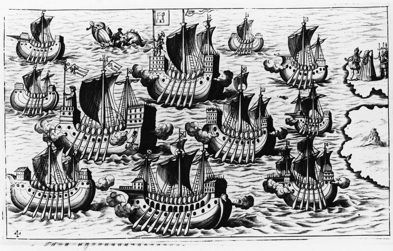 La flotta di Cristoforo Colombo per conquistare il nuovo mondo - in "Nova Tipus Transacto Navigatio Novi Orbi" di Philoponus Honorius da Unknown artist