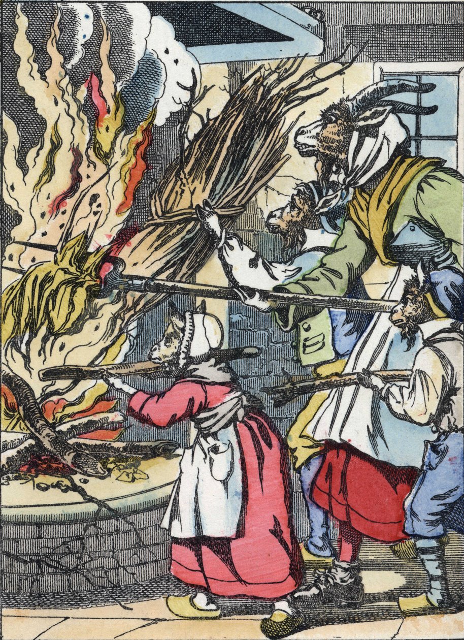 La capra e i gingilli accendono il camino. Illustrazione della fiaba "Compere le Loup, Maitre Renard, Comere la Chevre et ses petits biquets" di Jean de la Fontaine. In "Fiabe della casa per i piccoli". Incisione anonima da Unknown artist