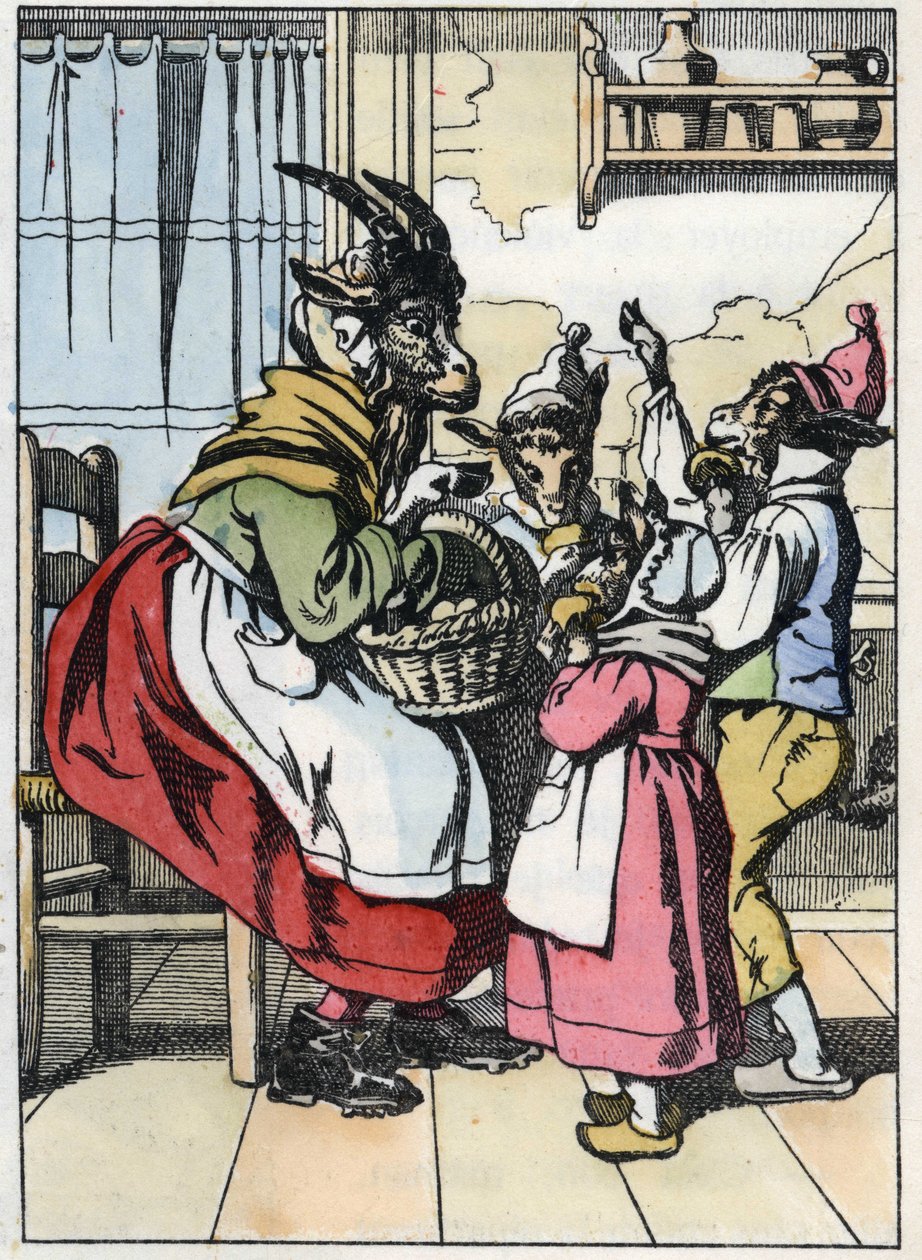 La capra è fuori dal mercato, ascoltando la storia dei biquets. Illustrazione della fiaba "Compere le Loup, Maitre Renard, Comere la Chevre et ses petits biquets" dopo una favola di Jean de la Fontaine. In "Fiabe dalla casa per i piccoli" da Unknown artist