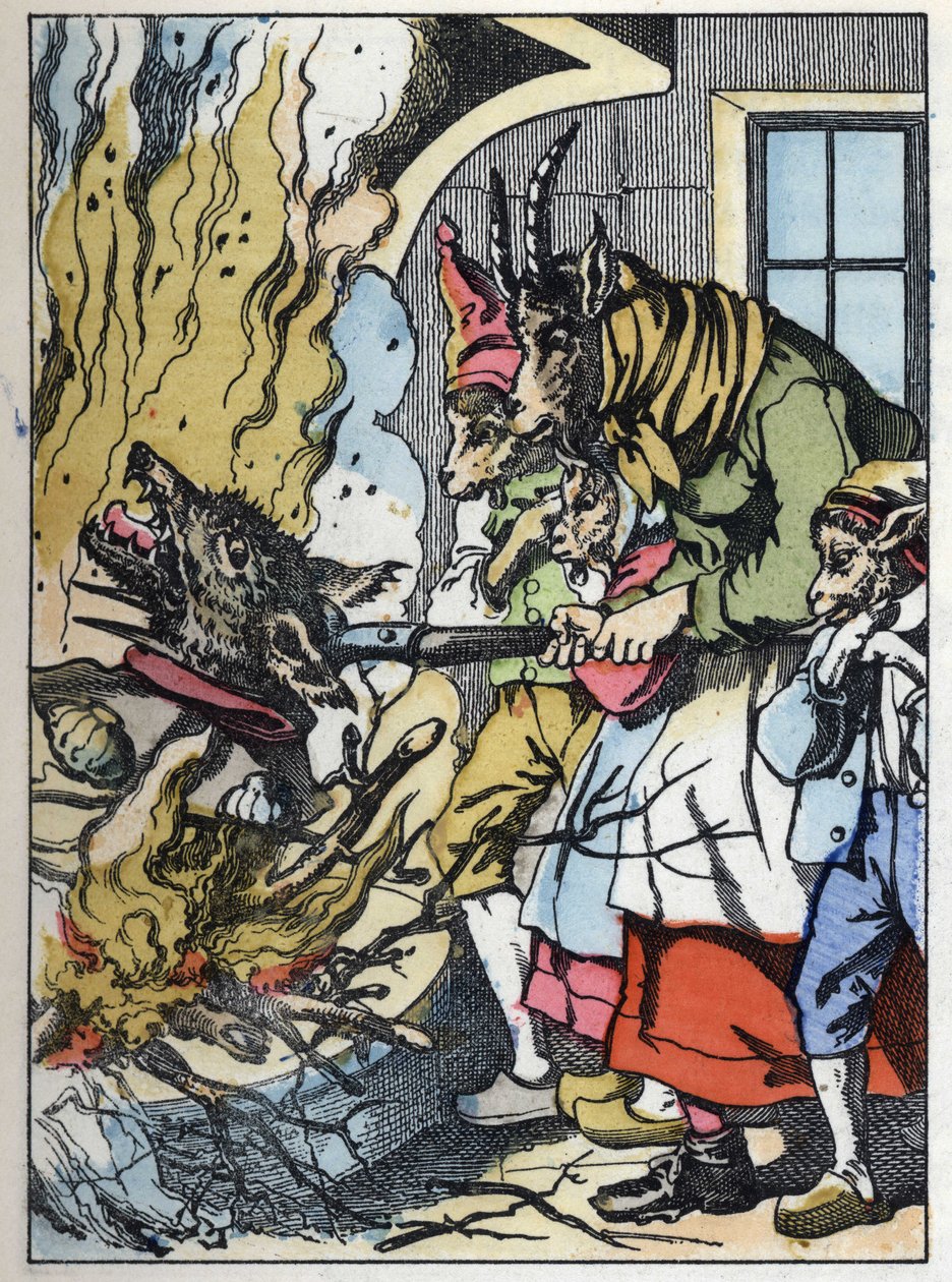 La capra uccide il lupo nel camino. Illustrazione della fiaba "Compere le Loup, Maitre Renard, Comere la Chevre et ses petits biquets" di Jean de la Fontaine. In "Fiabe della casa per i piccoli". Incisione anonima del XIX secolo da Unknown artist