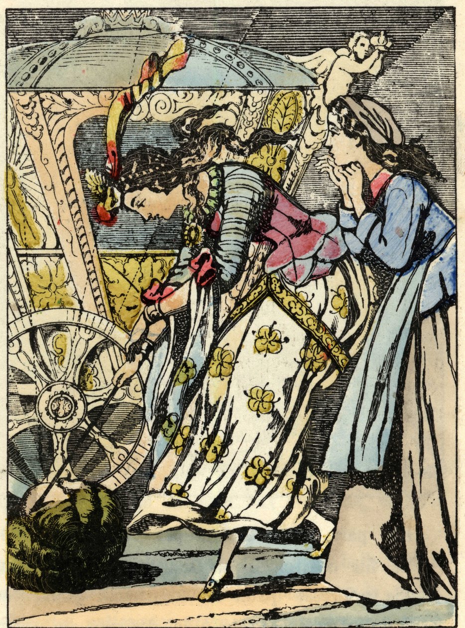 La buona fata trasforma la zucca in una carrozza davanti agli occhi di Cenerentola. Illustrazione del racconto di Charles Perrault "Cenerentola o La piccola scarpetta di vetro" da Unknown artist