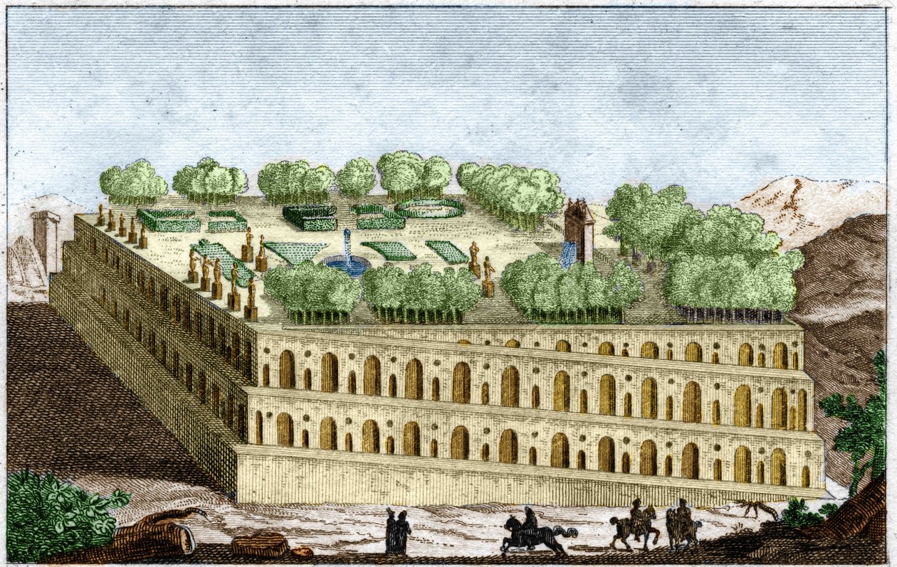I giardini pensili della leggendaria regina Semiramide a Babilonia, una delle sette meraviglie del mondo. Incisione del 1829 in "Old History" di Rollin da Unknown artist