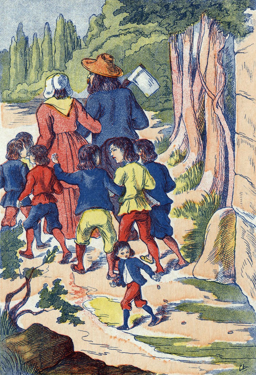Il piccolo Pollicino semina sassi lungo il suo cammino. Illustrazione per 