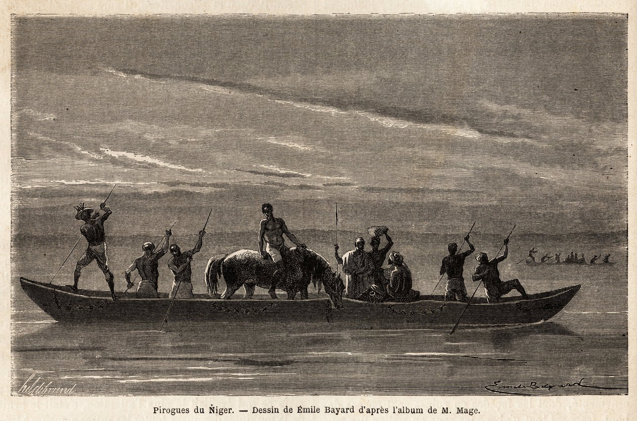 Le lunghe canoe dei Bambaras sul fiume Niger, manovrate con lunghe pertiche, possono trasportare diverse persone e persino bestiame o cavalli da Unknown artist