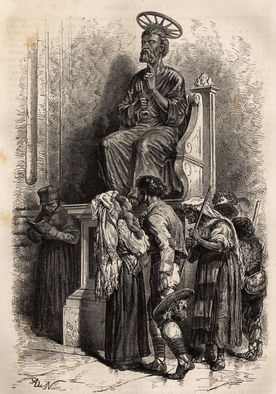 Il piede inferiore della statua di bronzo di San Pietro, oggetto di venerazione per i pellegrini cattolici che entrano nella Basilica di San Pietro in Vaticano. Incisione per illustrare la storia di Ludovic Celler: la settimana santa a Roma, nel 1863, in " da Unknown artist