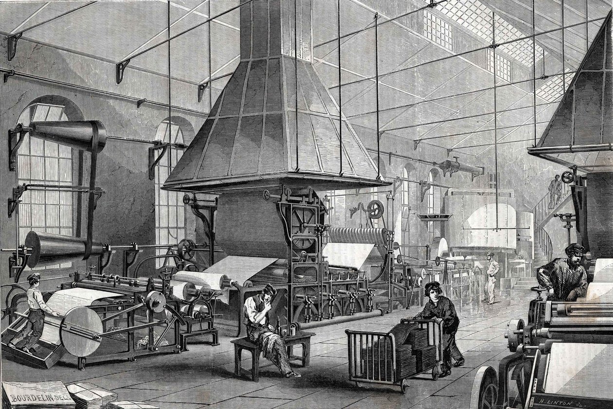 La sala macchine di una cartiera. Incisione da Unknown artist