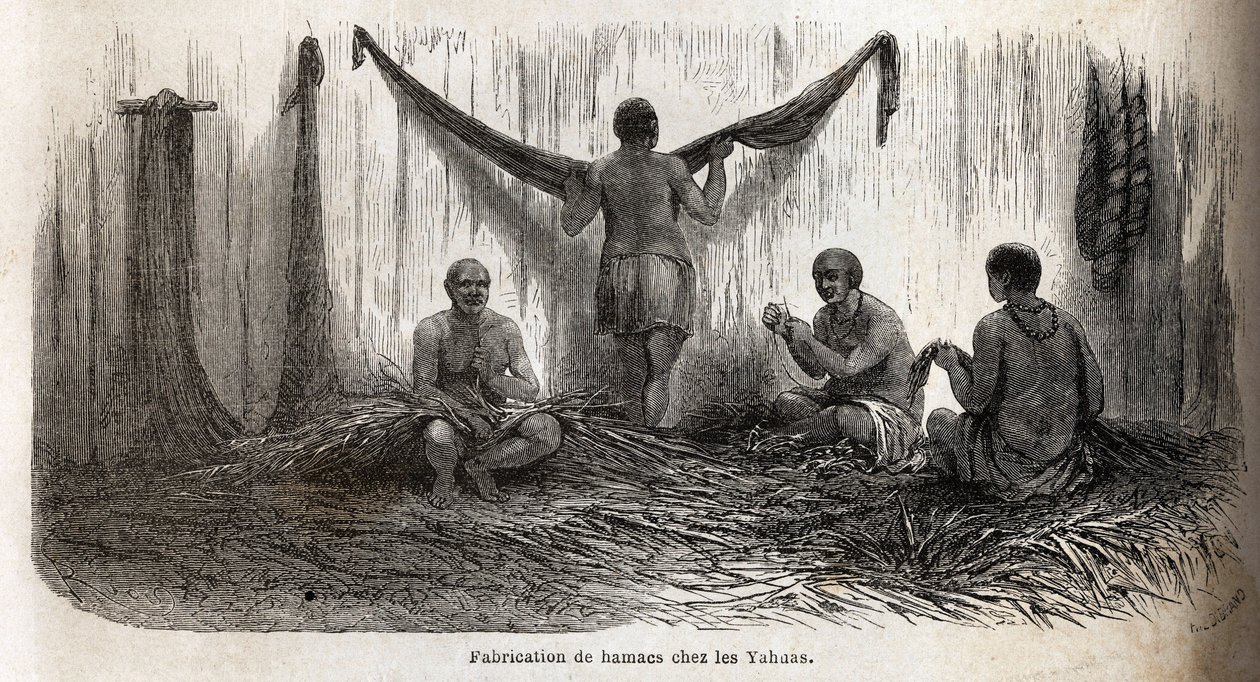 La fabbricazione di amache tra gli indiani Yahua del Perù, da fili sottili di palma chambira intrecciati. Incisione per illustrare il viaggio dall