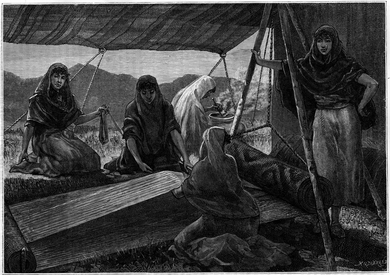 La fabbricazione di tappeti da parte di donne nomadi della Persia. Incisione nel giornale “La jeunesse” da Unknown artist