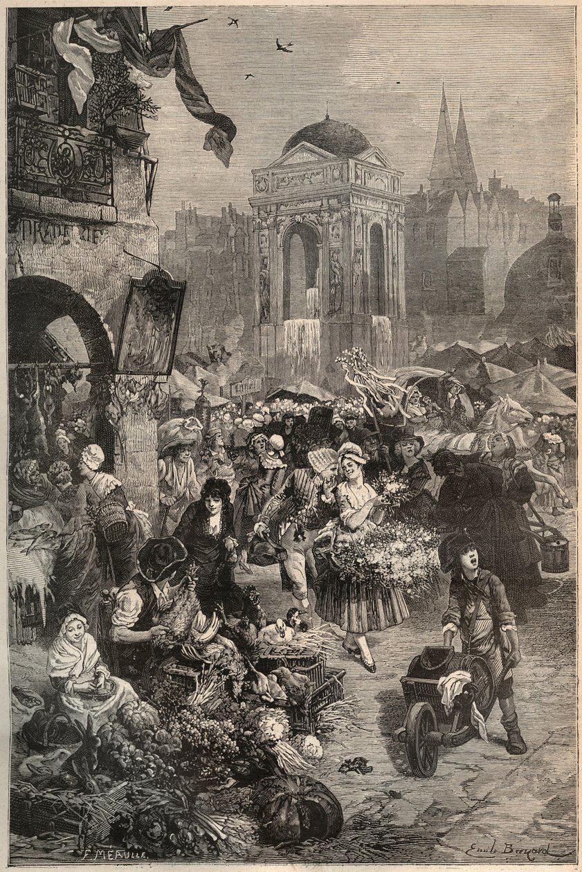 Il mercato e la fontana degli Innocenti, Parigi nel XVIII secolo - incisione del XIX secolo da Unknown artist