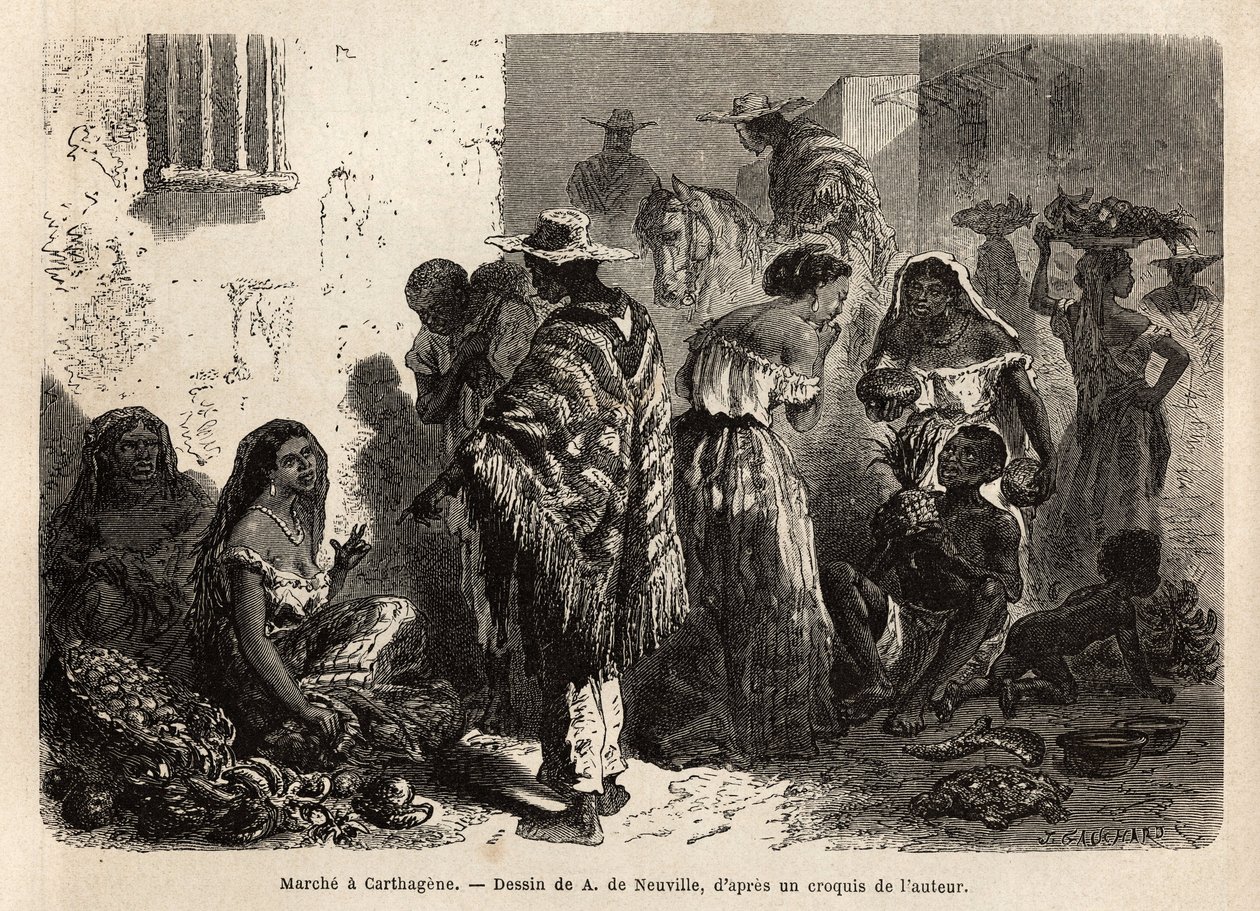 La marcia di Cartagena (Colombia), nei sobborghi della città, frequentata principalmente da neri, meticci e indiani. Incisione per illustrare il viaggio nella Nuova Granada, del Dr. Saffray, nel 1869, pubblicato in "Le tour du monde" 1872, a cura di Edouar da Unknown artist